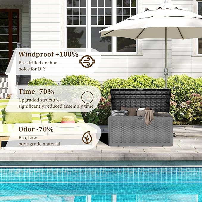 80 Gallon Plus Outdoor Storage Box Waterproof Lockable Resin Deck Box Large, Patio Storage Bin for Pool Accessories Cushion Furniture, Garden Tools, UV-Resistant Outside Delivery Black