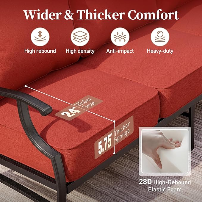 4 Piece Metal Outdoor Patio Furniture Sets with 5000 BTU Firepit Table, Patio Conversation Sets 1 3-Seater Sofa, 2 Swivel Chair with 5.75" Thick Cushion, Black Backyard Furniture, Red