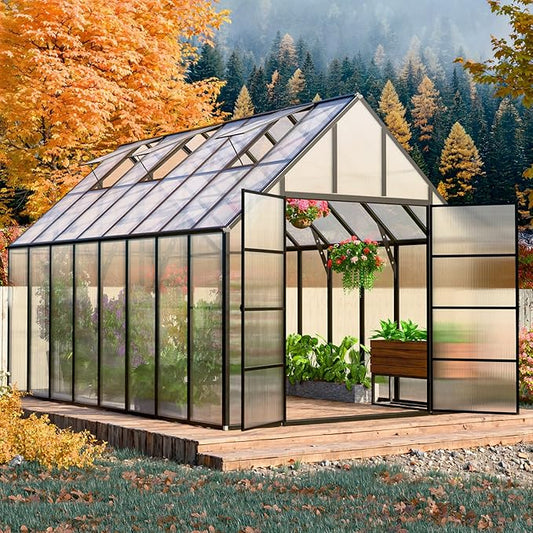 JULY'S SONG 10x16 FT Greenhouse for Outdoor, Large Easy Assembly Heavy Duty Polycarbonate Panels Aluminum Frame Walk-in Green House with 3 Windows Wider Door for Garden Plants Outside