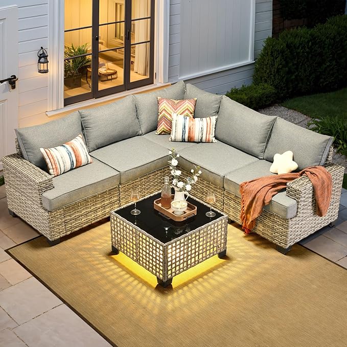 HOOOWOOO Outdoor Sectional Patio Furniture Set,6 Pieces Wicker Conversation Sets L Shaped Couch,Extra Deep Out Door Sofa Outside Furniture,Charcoal Grey