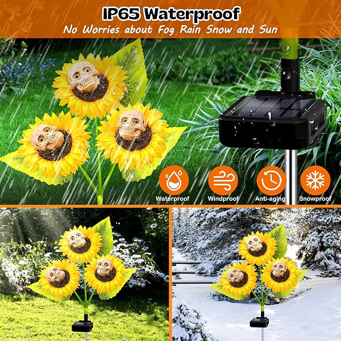 Halloween Decorations Outdoor, 4 Pack Solar Scary Skull Sunflowers Lights,Waterproof Solar Flowers Lights Garden Decor for Halloween Yard Patio Lawn Party Decor