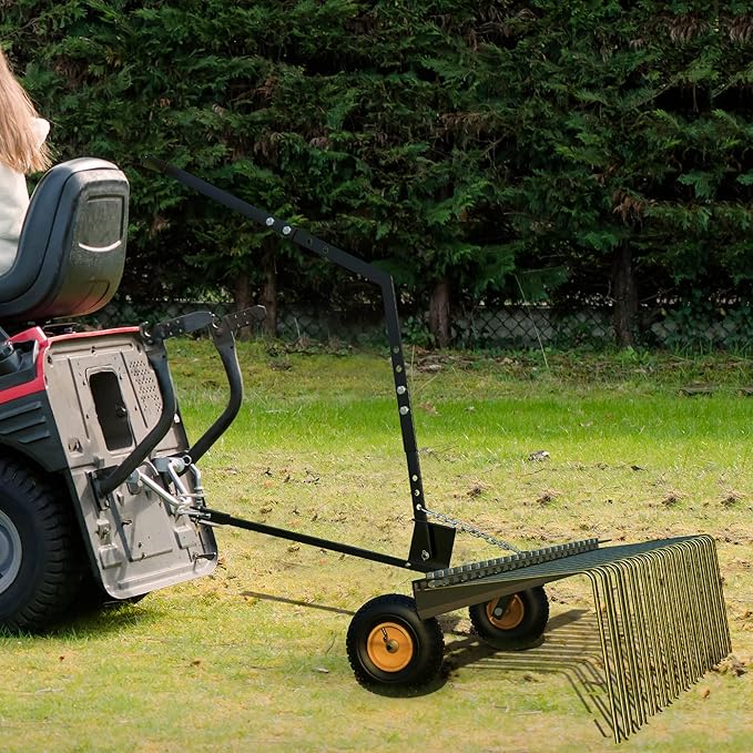 YITAMOTOR 60" Tow Behind Steel Pine Straw Rake Durable Corrosion Resistant Lawn Rake