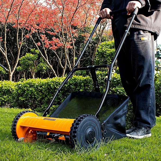 Walensee 16-Inch 5-Blade Push Reel Lawn Mower, Cordless Manual Reel Lawn Mower Walk-Behind Steel Lawn Mowers with Removable 7.9-Gallon Grass Catcher, Sponge Grip, 4-Position Cutting Height Adjustment