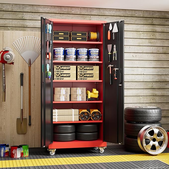 71"H×32"W×16"D Rolling Tool Storage Cabinet with 5 Adjustable Shelves and Pegboard,Metal Garage Storage Cabinet with Wheels for Garage Home Office Utility Room,Required Assembly, Red and Black