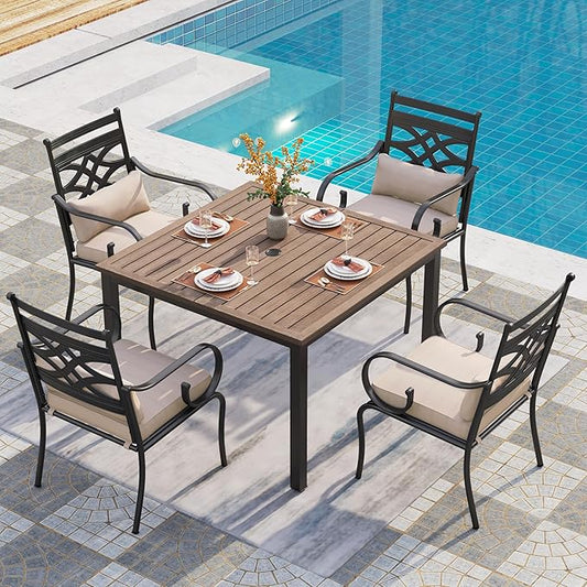 PHI VILLA 5 Pcs Patio Dining Set, Table Chair Set for 4 With Outdoor Chairs and Metal Frame Steel Square Table, Dining Furniture With Cushion and Pillow for Garden Lawn Deck
