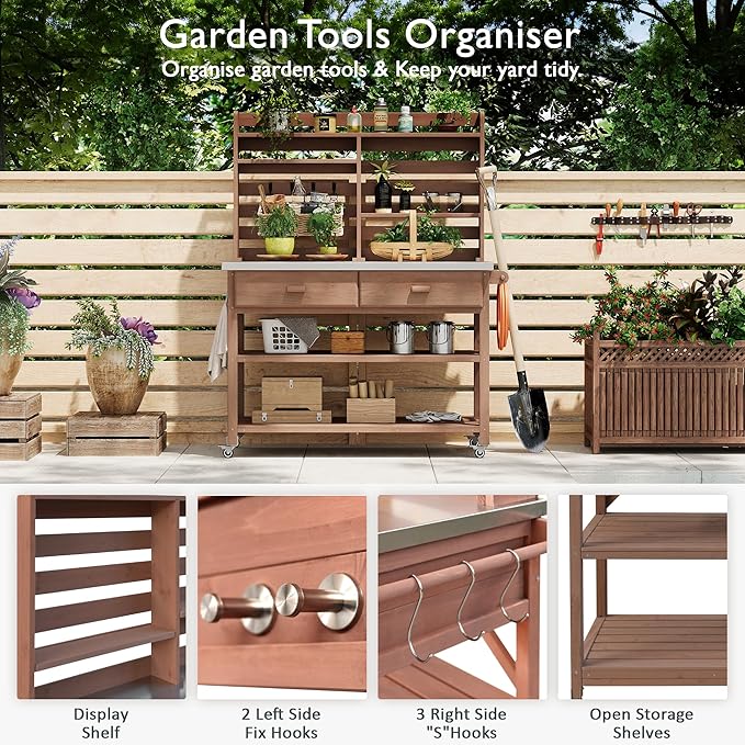 Polibi 64.9" H Outdoor Potting Bench Table with Lockable Wheels,Solid Fir Wood Outdoor Kitchen Island with Upper Hutch,Stainless Steel Top,Towel Rack,Outdoor Storage for Grilling,Lawn Garden(Brown)