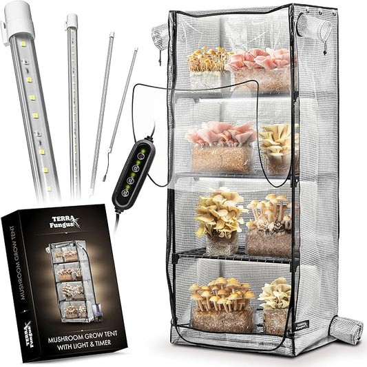 Mushroom Grow Tent with light and timer 6500k LED Grow Light, 4" vents compatible with accessories, Indoor Greenhouse with Grow Light, Martha tent for Mushroom, Indoor Green House, fits monotub & more