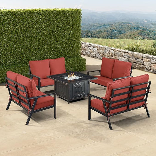 Oakland Living Black Aluminum Patio Fire Table Set with Four Deep Seating Loveseats with Cushions with Red Cushions