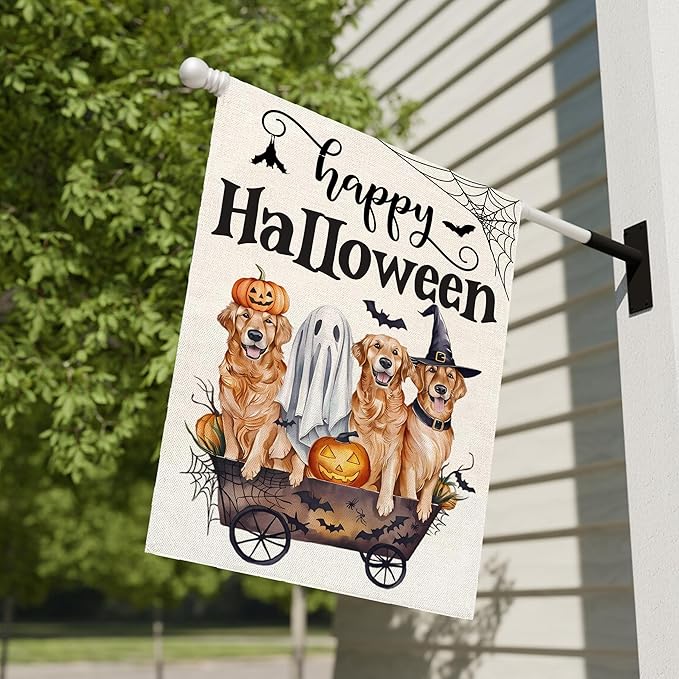 Happy Halloween Garden Flag for Outside, 12x18 Inch Double Sided Halloween Dog Pumpkin Ghost Bats Yard Flag, Farmhouse Small Yard Flags for Outdoor Decorations, Holiday Decor Gifts-A03