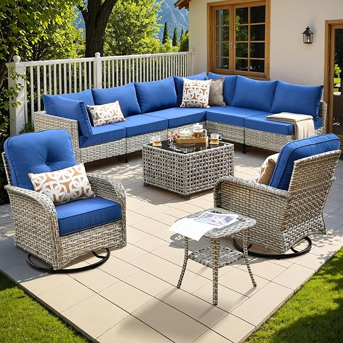 Outdoor Sectional Patio Furniture Set with Swivel Rocking Chairs,10 Pieces Wicker Conversation Sets L Shaped Couch Out Door Sofa Set Outside Furniture for Garden Deck Yard Porch,Navy Blue