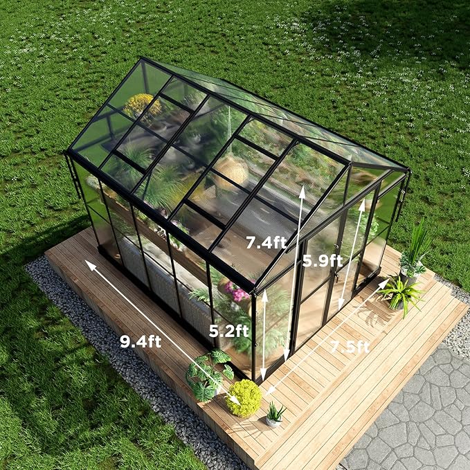 HOWE 8x10x7.5 FT Polycarbonate Greenhouse Double Swing Doors 2 Vents 5.2FT Added Wall Height, Walk-in Large Aluminum Greenhouse Sunroom Winter Greenhouse for Outdoors, Black (54FG-5)