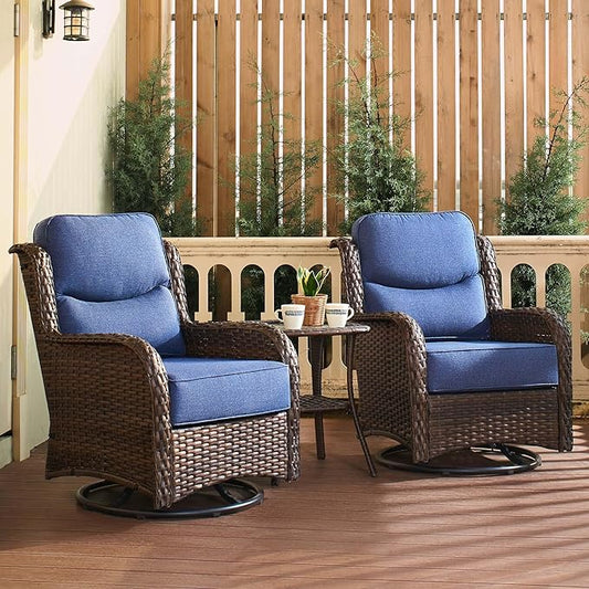 HILLGA Luxury Patio Furniture Set with 6-inch Thick Cushion, Outdoor High Back Swivel Rocker Patio Chairs, 3PCS Wicker Conversation Set for Deck Yard and Poolside, Blue (V2)