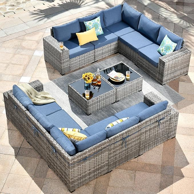 HOOOWOOO 12 Piece Modular Patio Outdoor Sectional Furniture Sofa Set,Wicker Conversation Set,Out Door Couch Set with Wide Arm for Outside All Weather(Denim Blue)