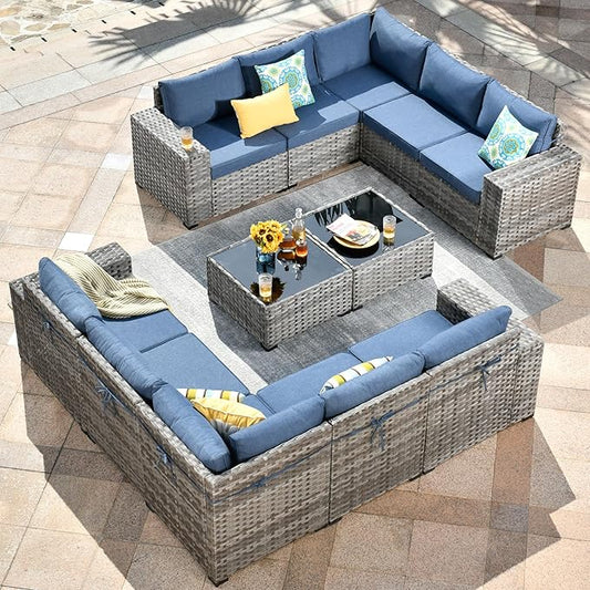 HOOOWOOO 12 Piece Modular Patio Outdoor Sectional Furniture Sofa Set,Wicker Conversation Set,Out Door Couch Set with Wide Arm for Outside All Weather(Denim Blue)