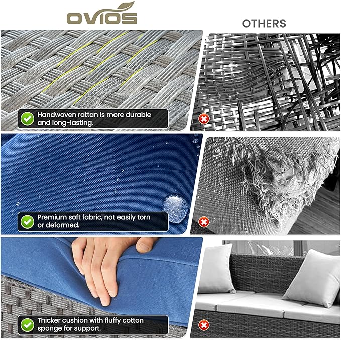 ovios 6 Pieces Patio Furniture Set, Outdoor Wicker Sectional Sofa with Glass Table Comfy Cushions, Modern Modular Deep Seat Couch Rattan Conversation Set, Navy Blue