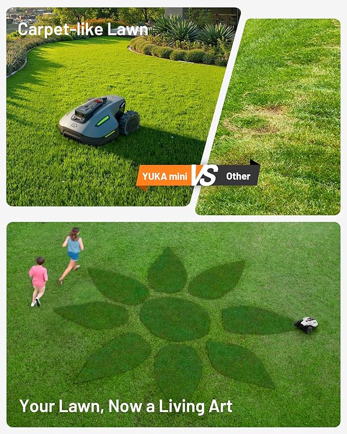YUKA Mini 700H Robot Lawn Mower, Reception 0.17 Acre, Max.0.27 Acre, Ultrasense AI Vision+ RTK Positioning, Auto Mapping, App Control, 50% Slope, Cutting Height 2''~3.5'', 15 Mowing Zones