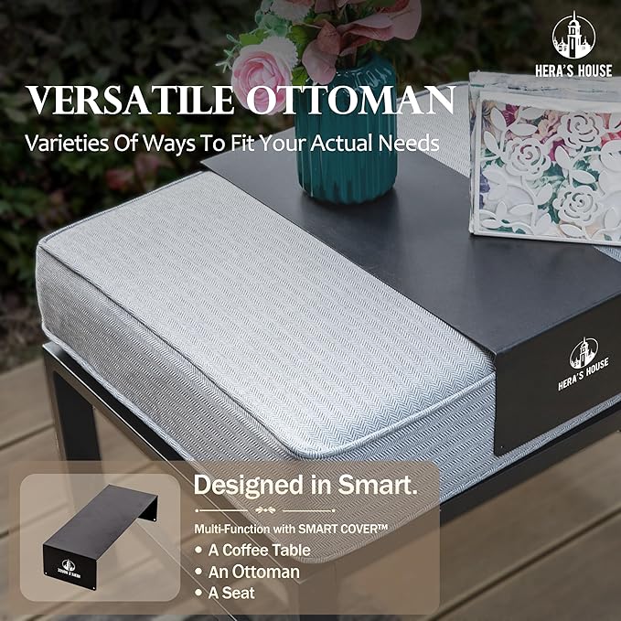 HERA'S HOUSE 5 Pieces Patio Furniture Set, 2 x Cushioned Rocking Chair, 2 x Ottoman, 1 x 3-Seat Sofa, All Cushioned 7 Seats Outdoor Conversation Set for Lawn Garden Backyard, Grey