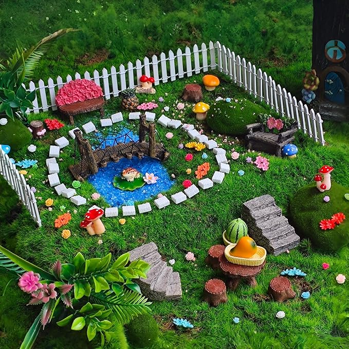 Kai Dream Fairy Garden Accessories, Fairy Garden Kit, 118 Pieces of Miniature Decor: Mushrooms, Bridge, Steps, Moss, Furniture Figurines, Fake Fence, Flowers, and Blue Crystal Gravel