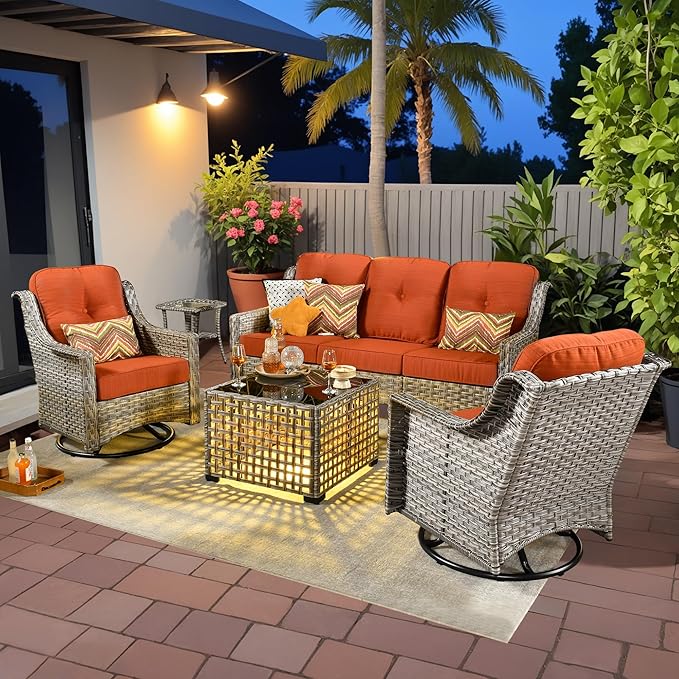 5 Pieces Patio Outdoor Furniture Set with Swivel Rocking Chairs,All Weather Wicker Rattan Patio Seating Sofa and Chair Set w/Glowing Table,Outdoor Conversation Sets for Deck Yard Garden,Orange Red