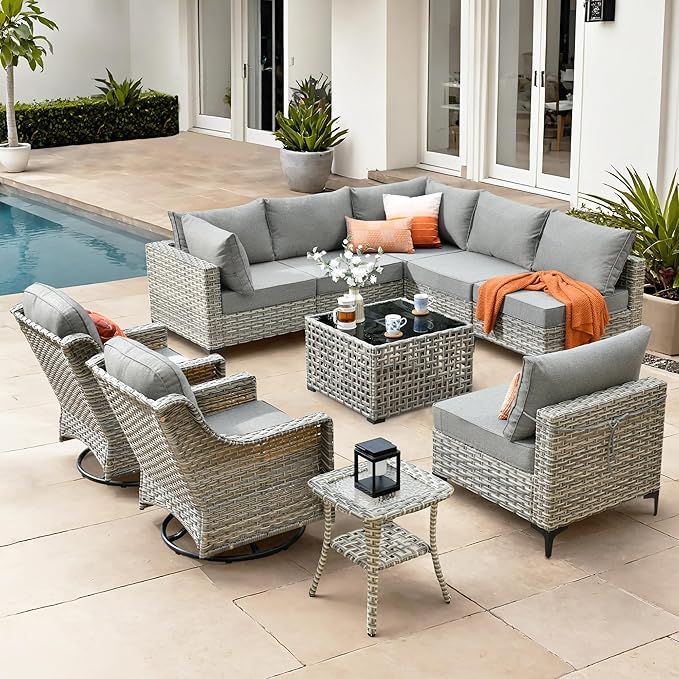 HOOOWOOO Outdoor Patio Furniture Set,10 Pieces Wicker Out Door Sectional Furniture L Shaped Couch,Patio Conversation Sets with Swivel Rocking Chair LED Table,Charcoal Gray