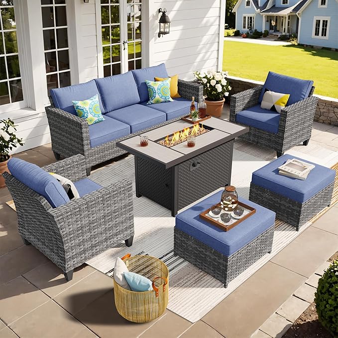 ovios Patio Furniture Set, 6 Pieces Outdoor Wicker Sofa Couch with Fire Pit Table, Ottomans and Comfy Cushions, All Weather High Back Rattan Conversation Set, Denim Blue
