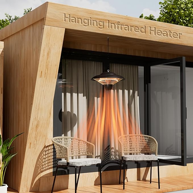 Patio Heater for Outdoor Use 1500W Electric Infrared Hanging Heater, Ceiling Mounted, Waterproof for Porch, Garage, Balcony, Overheat Protection Black