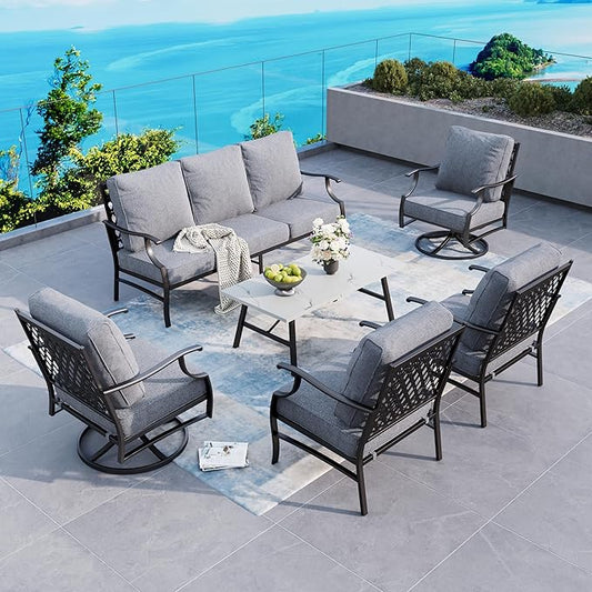 6 Piece Metal Outdoor Patio Furniture Set, Patio Conversation Sets 1 3-Seater Sofa, 2 Swivel Chair, 2 Leg Chair with 5.75" Thick Cushion and Coffee Table, Backyard Furniture Set, Gray