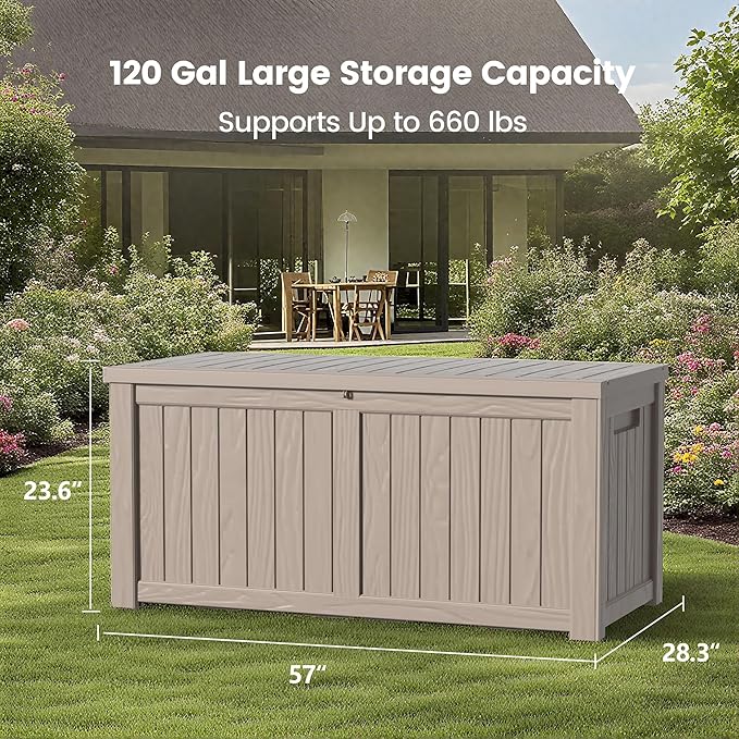 120 Gallon Outdoor Storage Box - Waterproof Resin Deck Box with Stainless Steel Rods - Lockable & UV Resistant Storage Bin for Patio Cushions & Garden Tools - Stylish Grey Design