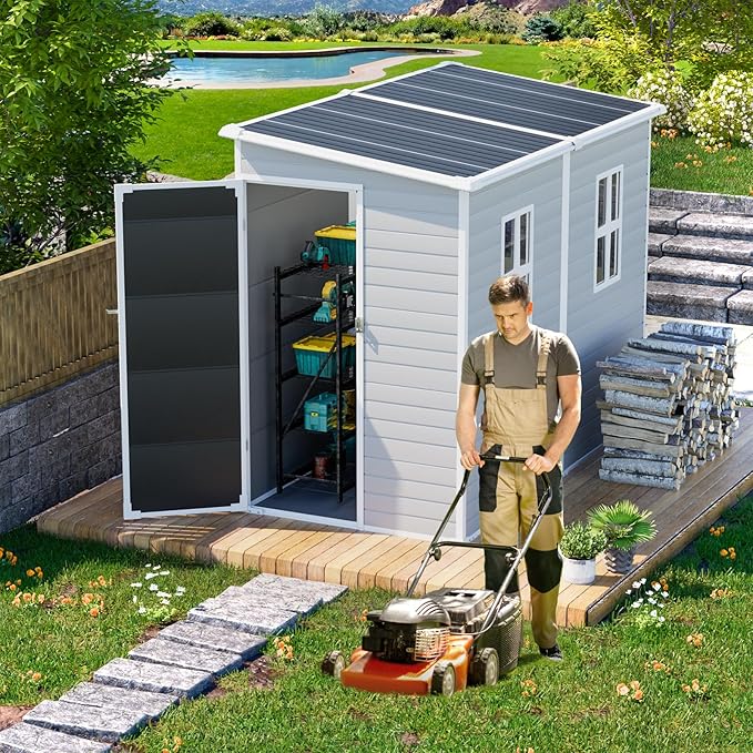 Resin Storage Shed 8x4x6 FT Waterproof Lean to Shed with Floor Included 2 Windows Lockable Door, Outdoor Plastic Sheds for Backyard Garden Patio Lawn Tools