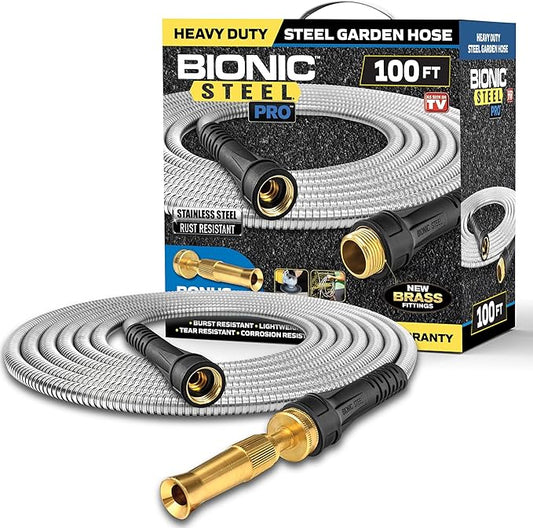 Bionic Steel PRO 100 Ft Garden Hose with Nozzle, Premium 304 Stainless Steel Metal Water Hose 100Ft Flexible Hose, Rust Proof, Lightweight, Heavy Duty, Crush Resistant Fittings, 500 PSI, 2025 Model