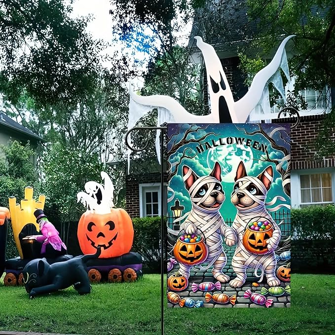 Halloween Mummy Dog Garden Flag 12x18 Inch Double Sided Cute French Bulldog Trick-or-Treat Garden Flag Pumpkin Candy Ghost Dog Flag Banner Holiday Small Halloween Yard Flags
