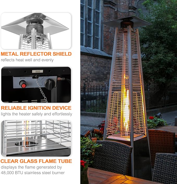 Nuu Garden Outdoor Propane Patio Heater, 48,000 BTU Pyramid Outdoor Heater with Wheels, Hammered Bronze Tower Portable Heater with Oxford Cover for Garden, Terrace, Black