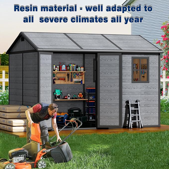 10x8 FT Resin Outdoor Storage Shed with Floor, Weather-Resistant Plastic Garden Shed with Windows, Lockable Door and Vents, Outside Tool Storage Sheds for Backyard, Garden, Patio, Lawn, Wood Grain