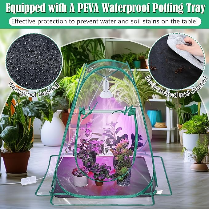 Meonum Mini Greenhouse with 10W 200 LED Grow Light Bulbs for Indoor, 27 x 27 x 30 Pop Up Small Greenhouse Cover with Bottom Waterproof Bottom Mat for Indoor Outdoor Plants Seed Starting