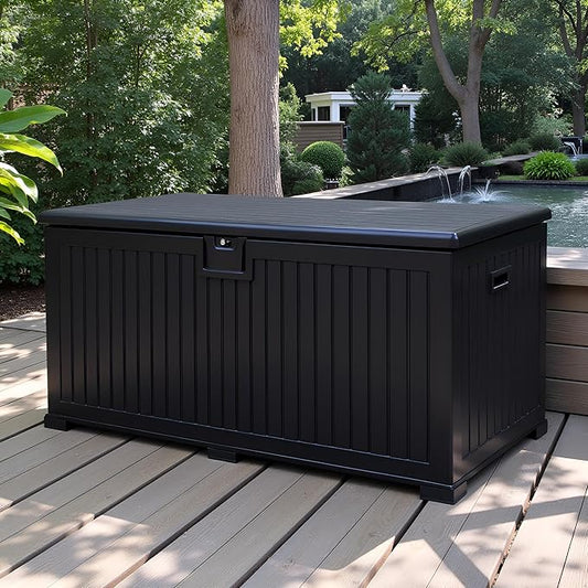 230 Gallon Outdoor Storage Box Waterproof, Extra Large Plastic Outside Deck Box Weatherproof, Resin Patio Storage Bin with Lock and Lids for Cushion, Black