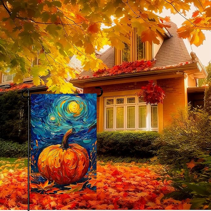 Fall Garden Flag Pumpkin Maple Leaf Yard Flags Van Gogh Garden Flags Art Starry Night Sky Moon Garden Flags Autumn Harvest Thanksgiving House Banner for Patio Farmhouse Outdoor 12 x 18 Inch