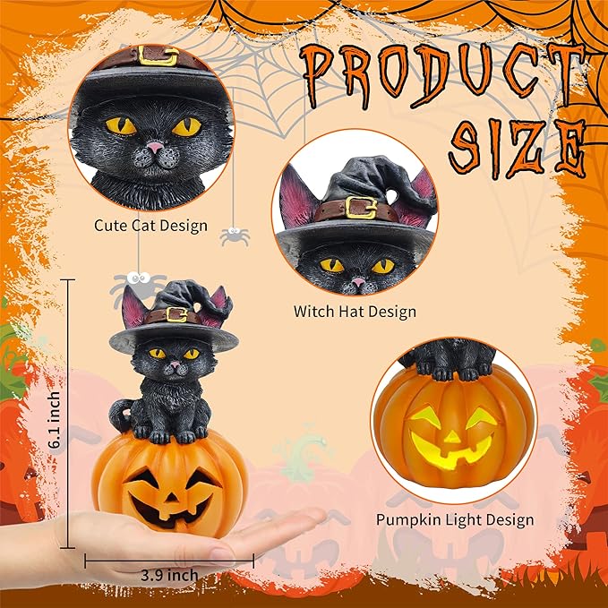 Halloween Cat Decorations in Pumpkin: 6.1'' Indoor Ornament with Witch Hat for Home Office Fireplace Party Ideal Gift for Cat Lovers (Male)