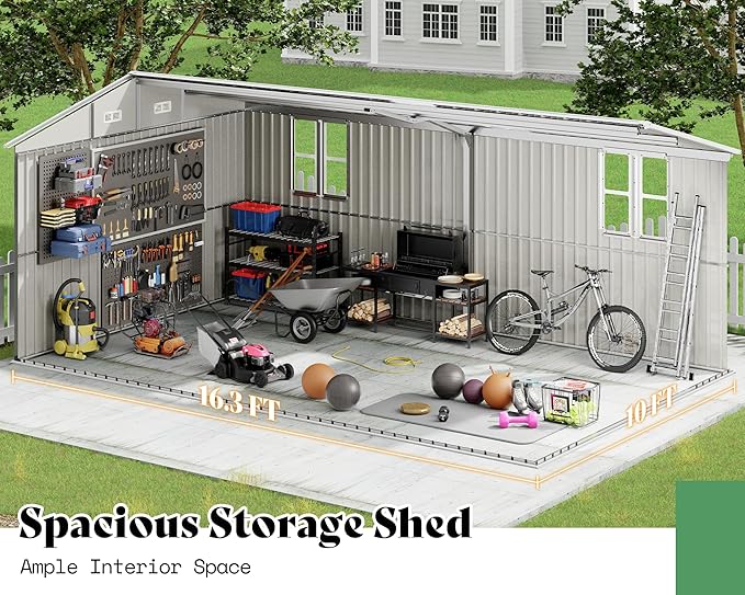 AMERLIFE 10x16x7.2 FT Metal Storage Shed with 2 Transparent Panels, Outdoor Tool Shed with Hinged Double Doors, Windows & Vents, Reinforced Steel Frame for Backyard Garden, DIY Workshop, Dark Gray