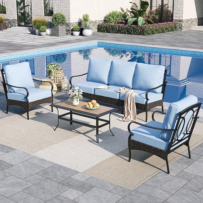 Sophia & William Patio Furniture Set, 4 Piece Metal Outdoor Conversation Set with 3-Seater Outdoor Couch, 2 Sofa Chairs, 1 Coffee Table for Outdoor Seating, Backyard, Porch(Blue)
