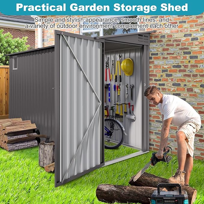 4x9 FT Outdoor Metal Storage Shed, Metal Lean to Storage Shed with Lockable Single Side Hinge Door and Ventilation Window, Garden Shed for Backyard Garden Patio Lawn, Dark Gray