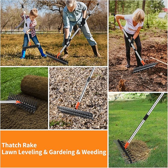 Thatch Rake - 15" Dethatcher Rake for Lawns with Upgraded Dual-Action Tines, Efficient Garden Rake with 57" Adjustable Handle, Heavy Duty Steel Metal Rakes with Reusable Yard Waste Bag & Gloves