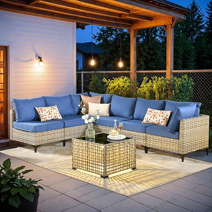 HOOOWOOO Outdoor Patio Furniture Set,7 Pieces Wicker Out Door Sectional Furniture L Shaped Couch,Outside Patio Conversation Sets with LED Table,Denim Blue