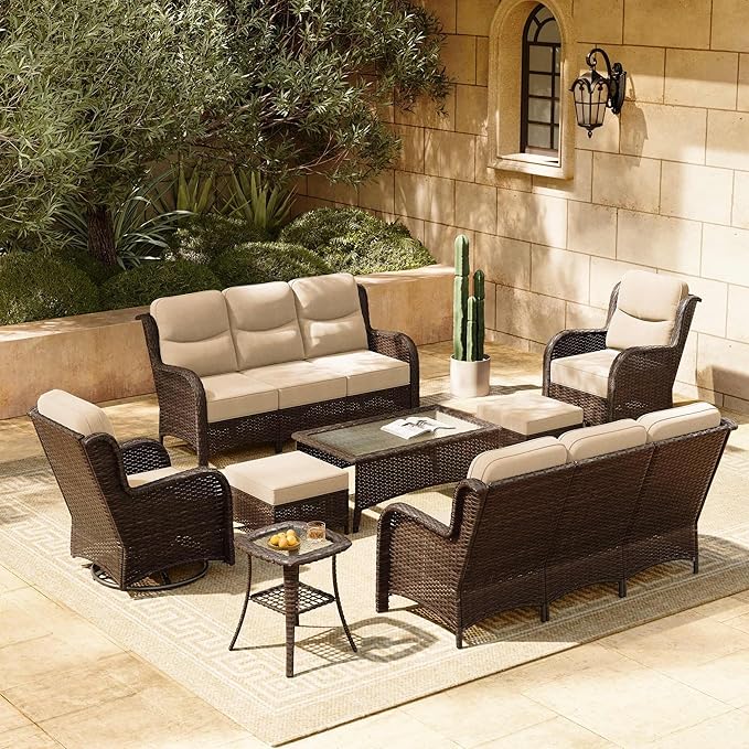 HILLGA Luxury Patio Furniture Set with 6-inch Thick Cushion, Outdoor Couch and High Back Swivel Rocker Patio Chairs, 8PCS Wicker Conversation Set for Deck Yard and Poolside, Beige (V2)