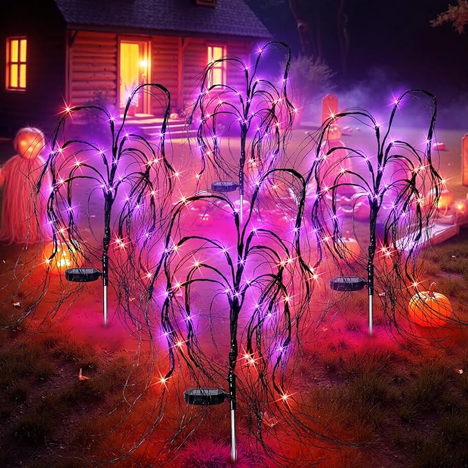 4 Pack Halloween Solar Lights Outdoor, 128 LED Weeping Willow Tree Stake Lights with 8 Mode, Waterproof Solar Pathway Lights for Garden Patio Yard Outdoor Decor (Purple Orange)