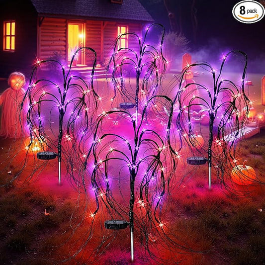 8 Pack Halloween Solar Lights Outdoor, 256 LED Weeping Willow Tree Stake Lights with 8 Mode, Waterproof Solar Pathway Lights for Garden Patio Yard Outdoor Decor (Purple Orange)