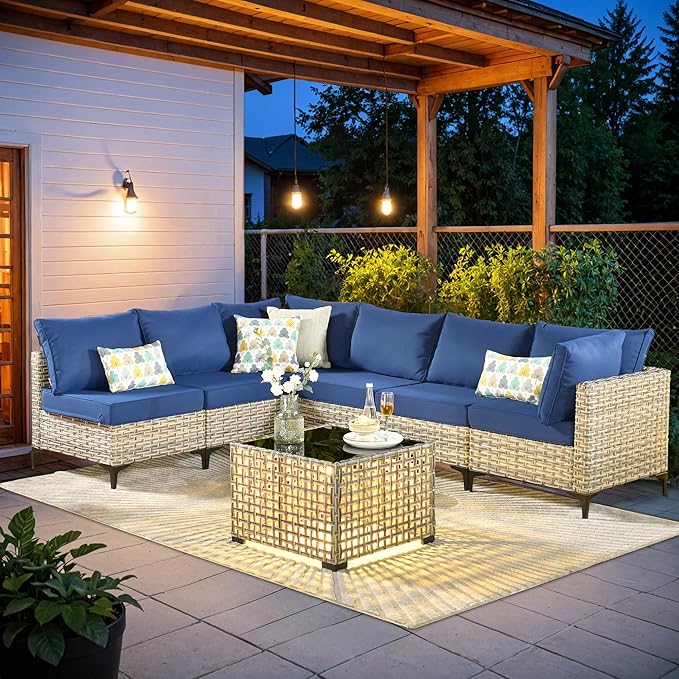 HOOOWOOO Outdoor Patio Furniture Set,7 Pieces Wicker Out Door Sectional Furniture L Shaped Couch,Outside Patio Conversation Sets with LED Table,Navy Blue