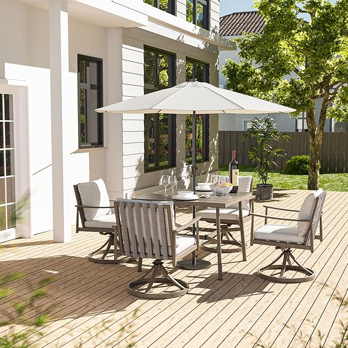 HAPPATIO 5-Piece Outdoor Dining Set for 4, Aluminum Patio Dining Set Includes 1 Large Square Table with Umbrella Hole & 4 Swivel Dining Chairs, Patio Furniture Set for Lawn, Porch, Backyard (Grey)