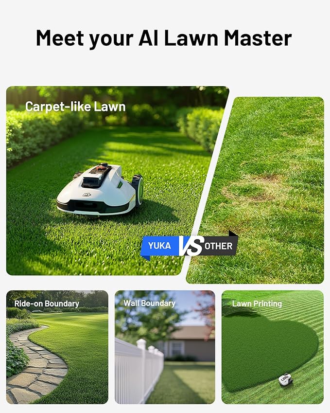YUKA 3000 Robot Lawn Mower with 4G, Reception 0.75 Acre, Max. 1 Acre,Ultrasense AI Vision & RTK, Auto Mapping,App Control, 45% Slope, Wireless Perimeter, 2 Cutting Discs,30 Mowing Zones
