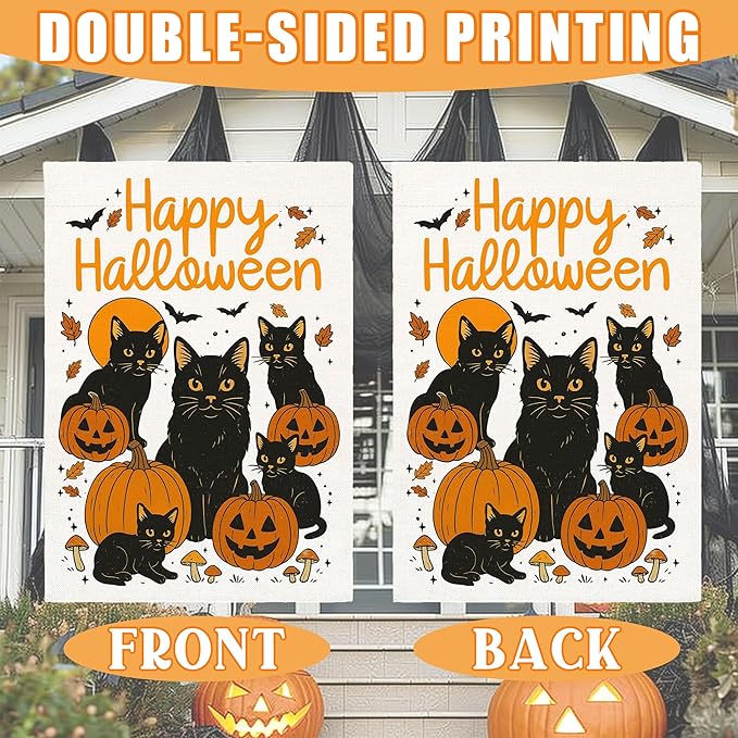 Happy Halloween Garden Flag for Outside, 12x18 Inch Double Sided Halloween Black Cat Pumpkin Yard Flag, Farmhouse Small Yard Flags for Outdoor Decorations, Holiday Decor Gifts-A08