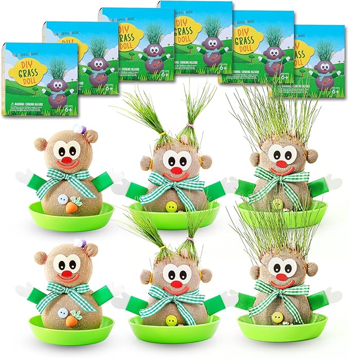 DIY Grass Doll Growing Kit(6packs) –Eco Friendly Bday Goodies, Playdate Activity, Party Favors, Craft and Art Gift for Kids, Family Fun, School Science Supplies Learning Resource, Stress Relief Toys